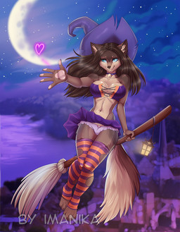 4_toes 5_fingers anthro barefoot bell bell_collar big_breasts biped blue_eyes bottomwear bow_panties bow_underwear breasts broom broom_riding brown_body brown_fur brown_hair brown_tail building choker cleaning_tool cleavage clothed clothing cloud collar crescent_moon crop_top curvy_figure detailed_background feet female fingers fluffy fluffy_tail flying fur hair hat headgear headwear heart_symbol holidays hourglass_figure jewelry lake lamp lantern legwear light long_hair magic_user miniskirt moon moonlight multicolored_body multicolored_fur navel necklace night outside panties pink_clothing pink_panties pink_underwear plant shirt skimpy skirt skull_panties sky slim small_waist smile snout solo star starry_sky stockings tail tan_body tan_fur tan_tail thigh_highs tight_clothing toeless_legwear toeless_stockings toes topwear two_tone_body two_tone_fur two_tone_tail underwear upskirt water witch witch_hat imanika halloween canid canine canis domestic_dog mammal 2018 digital_media_(artwork)