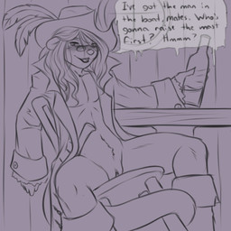alcohol andromorph anthro beverage blush boots bottle chair clitoral_hood clitoris clothing container drunk feathers footwear furniture genitals hat headgear headwear intersex pirate shoes simple_background solo spread_legs spreading substance_intoxication tail text vulva weapon window nateday scott_otter mammal mustelid otter 1:1 english_text hi_res monochrome