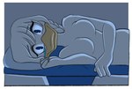 anthro bed blue_blanket bodily_fluids braided_hair breasts bunk_bed crying depression emotional featureless_breasts female furniture hair homesick insomnia lonely looking_at_viewer lying lying_on_bed navy_sailor non-mammal_breasts nude on_bed on_side sad solo tears young_adult lunula_(artist) disney ducktales ducktales_(2017) june_duck anatid anseriform avian bird duck hi_res