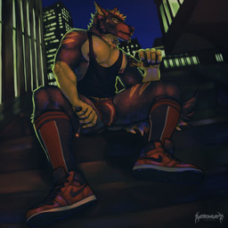 anthro barbell_piercing black_body black_clothing black_fur black_topwear blonde_hair cigarette clothed clothing footwear front_view fur hair holding_cigarette holding_object jockstrap male male_anthro mouth_closed muscular muscular_anthro muscular_male narrowed_eyes night nipple_barbell nipple_piercing nipples orange_eyes outside pecs piercing short_hair sitting socks solo topwear underwear yellow_body yellow_fur acidwuff air_jordan_1 jordan_(brand) nike infernowolf canid canine mammal 1:1 2024 dated hi_res signature