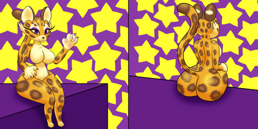 anthro big_breasts big_butt breasts butt countershading female multicolored_body purple_eyes simple_background solo star wide_hips mike_santos kirby_(series) kirby_and_the_forgotten_land nintendo clawroline felid leopard mammal pantherine 2:1 hi_res