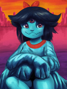 3_eyes accessory big_shirt black_hair blue_body blue_skin bow_accessory bow_ribbon clothed clothing fangs female flesh_fang flower hair hair_accessory hair_bow hair_ribbon long_sleeves looking_at_viewer multi_eye outside plant red_eyes ribbons smile solo teal_body teal_skin teeth wardrobe_malfunction young zeklullaby deltarune mona_lisa_(painting) undertale_(series) aqua_(deltarune) elemental_creature elemental_humanoid flora_fauna flower_creature flower_humanoid humanoid mammal plant_humanoid seven_flowers 2026 3:4 alternate_version_at_source digital_media_(artwork) hi_res inspired_by_formal_art portrait