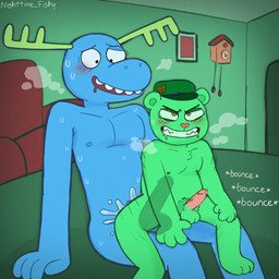 anal anal_penetration anthro blush bodily_fluids clenched_teeth clock clothing cum drooling duo furniture genital_fluids genitals hat hat_only headgear headgear_only headwear headwear_only looking_pleasured male male/male mostly_nude nipples nude onomatopoeia penetration penile penile_penetration penis penis_in_ass penis_silhouette picture_frame pubes saliva sitting sitting_on_another sofa sound_effects teeth text ohmygoditguppy happy_tree_friends fliqpy_(htf) lumpy_(htf) bear deer mammal moose new_world_deer 1:1
