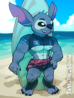 4_fingers anthro beach blue_body blue_fur claws clothed clothing fingers fur head_tuft male moobs muscular muscular_male notched_ear open_mouth seaside sharp_teeth solo surfboard swimwear teeth tuft tass_the_bovine disney lilo_and_stitch stitch_(lilo_and_stitch) alien experiment_(lilo_and_stitch) absurd_res hi_res