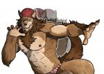 abs anthro barazoku beard biceps big_muscles body_hair chest_hair clothed clothing cosplay dancing duo facial_hair male muscular muscular_male nipples pecs topless underwear audiophilliac re:zero real_world ricardo_dancin' ricardo_milos ricardo_welkin canid canine canis mammal wolf 2019 digital_media_(artwork) hi_res