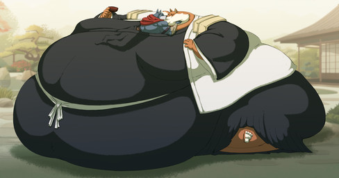 anthro belly big_belly blue_body blue_fur brown_body brown_fur duo fur huge_belly hyper hyper_belly kissing male male/male morbidly_obese morbidly_obese_anthro morbidly_obese_male obese obese_anthro obese_male overweight overweight_anthro overweight_male size_difference silver-stag bleach_(series) dragon_ball dragon_ball_super bergamo sajin_komamura canid canine canis mammal wolf hi_res