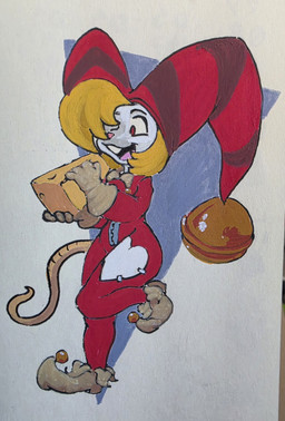albino anthro bell blonde_hair cheese clothing dairy_products female food fool's_hat fur hair hat headgear headwear jester red_eyes solo white_body white_fur drinkspaintwater belle_(drinkspaintwater) mammal mouse murid murine rodent absurd_res hi_res