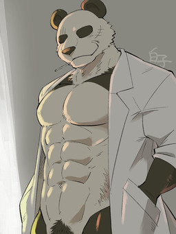 abs anthro biped black_body black_ears black_fur black_nose cigarette clothing countershade_face countershade_head countershade_neck countershade_torso countershading fur hand_in_pocket male multicolored_body multicolored_fur muscular muscular_anthro muscular_male navel pecs pockets pubes scar simple_background solo standing topwear two_tone_body two_tone_fur white_body white_clothing white_fur white_topwear shirako beastars gouhin_(beastars) bear giant_panda mammal 2020 3:4 digital_media_(artwork) hi_res signature