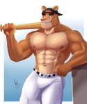 anthro backwards_baseball_cap backwards_hat baseball_bat baseball_cap baseball_uniform bat_(object) big_muscles blue_background blue_eyes bulge clothed clothing grin hat headgear headwear holding_baseball_bat male muscular muscular_anthro muscular_male nipples sharp_teeth simple_background smile smiling_at_viewer solo sportswear tan_body teeth topless topless_anthro topless_male uniform wall_(structure) white_background alkio mexican_pacific_league yaquis_de_obregon yaco_puma cougar felid feline mammal hi_res