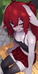 anthro blush bottomwear breasts cleavage clothed clothing female female_anthro fur hair high-angle_view kemono legwear long_hair looking_at_viewer one_eye_closed skirt solo thigh_highs yoako naili_(cyberkaps) lagomorph leporid mammal rabbit 2023 digital_media_(artwork) hi_res watermark