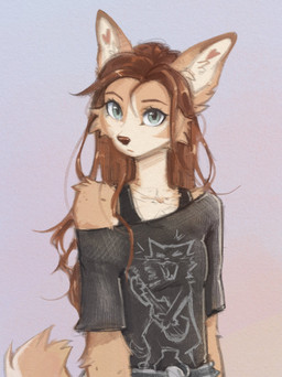 anthro biped bottomwear breasts brown_body brown_fur brown_hair brown_tail clothed clothed_anthro clothed_female clothing countershade_fur countershade_torso countershading female front_view fully_clothed fully_clothed_anthro fully_clothed_female fur green_eyes hair inner_ear_fluff looking_at_viewer pants simple_background solo tail topwear tuft yshanii cotton_(yshanii) canid canine canis dingo mammal 2025 digital_drawing_(artwork) digital_media_(artwork) hi_res