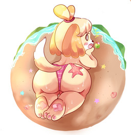 accessory anthro barefoot beach beverage big_butt biped blonde_hair blush bodily_fluids buckteeth butt clothed clothing dipstick_tail drinking_straw feet female fisheye_lens fur furgonomics hair hair_accessory hair_tie head_on_hand high-angle_view hindpaw looking_at_viewer looking_back looking_back_at_viewer lying markings on_front open_mouth paws rear_view sand seashell seaside shell shocked solo star surprised sweat sweatdrop swimwear tail tail_markings teeth topless water wet wide_hips yellow_body yellow_fur fushiana_ai animal_crossing nintendo isabelle_(animal_crossing) aquatic asterozoan canid canine canis domestic_dog echinoderm mammal shih_tzu starfish toy_dog 2021 hi_res