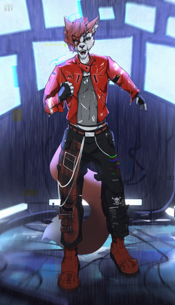 anthro belt biped black_bottomwear black_clothing black_gloves black_handwear black_pants black_shirt black_topwear blue_eyes boots bottomwear chain clothed clothing electronics fingerless_gloves footwear fully_clothed fur glitch_effect gloves hair handwear inner_ear_fluff jacket male monitor open_mouth pants raining red_body red_boots red_clothing red_footwear red_fur red_hair red_jacket red_topwear shirt shoes solo standing teeth topwear torn_clothing torn_shirt torn_topwear tuft white_body white_fur white_inner_ear_fluff v3nusbby canid canine mammal 2023 absurd_res digital_media_(artwork) full-length_portrait hi_res portrait shaded