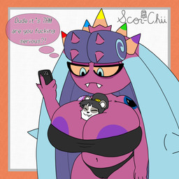 anthro areola big_areola big_breasts blue_eyes bra breasts cellphone clothing curvy_figure duo electronics fangs female huge_breasts hyper hyper_breasts male male/female nails nipple_slip nipples panties phone purple_nipples size_difference smartphone spikes spikes_(anatomy) tattoo teeth tired underwear voluptuous voluptuous_female yellow_sclera scor-chii nintendo pokemon opal_(dustyspacemouse) veil_(scor_chii) bear generation_5_pokemon generation_7_pokemon giant_panda mammal pokemon_(species) toxapex 1:1 absurd_res hi_res