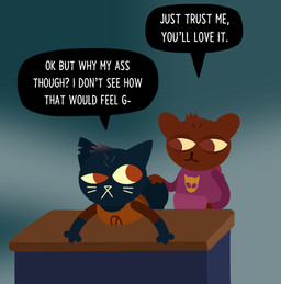 anthro bent_over clothed clothing dialogue duo female female/female furniture hand_on_butt pantsless style_emulation table text crazymazies night_in_the_woods mae_borowski selmers_ann_forrester bear domestic_cat felid feline felis mammal absurd_res english_text hi_res