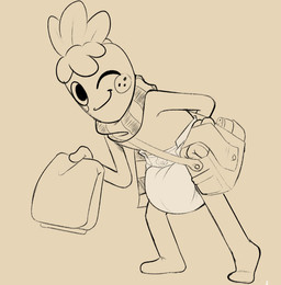 big_diaper blush clothed clothing diaper diaper_bag diaper_only holding_diaper male one_eye_closed plant scarf smile smirk solo topless touching_diaper wearing_diaper wink doritomuncher blushcrunch_studio dandy's_world sprout_(dandy's_world) elemental_creature flora_fauna humanoid toon_(dandy's_world)