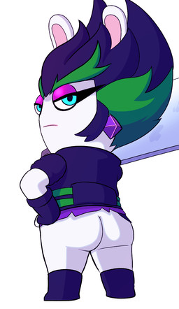 anthro big_butt blue_eyes bottomless butt clothed clothing eyelashes eyeshadow female fingerless_gloves footwear fur gloves green_highlights hair hand_on_hip handwear highlights_(coloring) holding_object holding_weapon looking_at_viewer looking_back looking_back_at_viewer makeup pink_eyeshadow purple_clothing purple_footwear purple_gloves purple_hair purple_handwear purple_shoes purple_topwear shoes simple_background solo thick_thighs topwear weapon weapon_on_shoulder white_background white_body white_fur wide_hips impstripe mario_plus_rabbids_sparks_of_hope raving_rabbids rayman_(series) ubisoft edge_(mario_plus_rabbids) lagomorph leporid mammal rabbid rabbit hi_res