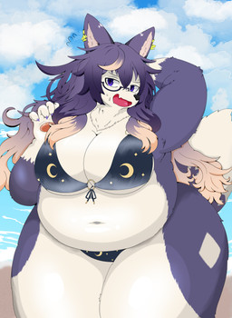 anthro belly big_belly big_breasts bikini bikini_bottom bikini_top black_nose bodily_fluids breasts claws cleavage clothed clothing cloud colored_nails crescent_moon deep_navel diamond_(marking) dipstick_tail ear_piercing ear_ring eyewear fangs female finger_claws fluffy fluffy_tail front_view fur glasses gloves_(marking) hair hand_behind_head highlights_(coloring) huge_breasts huge_thighs inner_ear_fluff kemono long_hair markings moon multicolored_body multicolored_fur multicolored_hair nails navel neck_tuft nervous open_mouth overweight overweight_anthro overweight_female pawpads piercing pink_highlights pink_inner_ear_fluff purple_body purple_eyes purple_fur purple_hair purple_nails ring_piercing sea snout solo star_(symbol) sweat sweatdrop swimwear tail tail_markings teeth thick_thighs tuft two-piece_swimsuit under_boob water white_body white_fur wide_hips reona lifewonders tokyo_afterschool_summoners hecate_(tas) canid canine canis domestic_dog mammal 2026 hi_res japanese_description portrait three-quarter_portrait