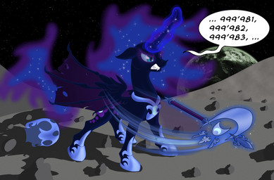 angry armor axe black_body black_feathers blue_eyes blue_hair blue_hooves cutie_mark dialogue earth fangs feathered_wings feathers female feral fur glowing hair headgear helmet hooves horn long_hair magic melee_weapon moon on_the_moon open_mouth planet royalty shadow sharp_teeth solo space star talking_feral teeth text weapon wings xonxt friendship_is_magic hasbro my_little_pony mythology nightmare_moon_(mlp) equid equine mammal mythological_creature mythological_equine winged_unicorn english_text hi_res