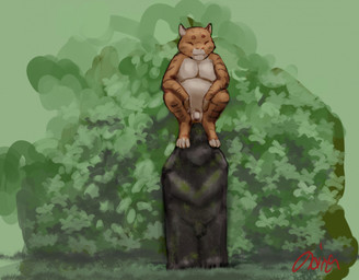 anthro balls belly eyes_closed feet fur genitals green_background male nude_anthro nude_male on_statue orange_body orange_fur outside overweight penis plant red_text sculpture shrub simple_background sitting smile solo statue striped_body striped_fur stripes text jeri_kleinlowe domestic_cat felid feline felis mammal 2024 colored hi_res signature