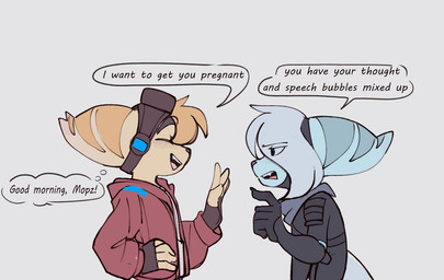 anthro black_clothing blue_body blue_fur clothing dialogue duo eyes_closed eyewear eyewear_on_head fingerless_gloves fur gloves goggles goggles_on_head handwear hoodie male male_anthro open_mouth pose simple_background speech_bubble tail talking_to_another tan_body tan_fur text thought_bubble topwear white_background time_fluffy500 ratchet_and_clank sony_corporation sony_interactive_entertainment mopz_(ratchet_and_clank) sprocket_(ratchet_and_clank) lombax mammal colored detailed digital_drawing_(artwork) digital_media_(artwork) english_text shaded