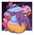 anthro anthrofied big_breasts blue_body breasts cleavage clothed clothing curvy_figure equid equine female friendship_is_magic gin-blade hair hasbro hat headgear headwear hi_res horse huge_breasts jack-o'-lantern legwear mammal mature_female mrs._cake_(mlp) my_little_pony pink_hair pony thick_thighs thigh_highs voluptuous
