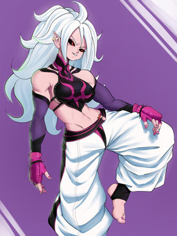 breasts clothing colored_nails cosplay crossover_cosplay feet female fingerless_gloves fingers gloves hair handwear humanoid_pointy_ears long_hair nails not_furry pink_body pink_skin pointy_ears red_eyes simple_background solo toes white_hair echo_saber capcom dragon_ball dragon_ball_fighterz street_fighter android_21 juri_han majin_android_21 alien alien_humanoid humanoid majin 2019 crossover hi_res