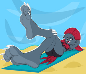 4_toes anthro anthrofied athletic athletic_anthro athletic_female bangs barefoot beach beach_towel bedroom_eyes bent_legs bikini biped black_bikini black_clothing black_eyebrows black_nose black_swimwear breasts butt cheek_tuft claws cleavage clothed clothing countershade_feet countershading crossed_legs dark_eyelids day detailed_background eyebrow_through_hair eyebrows eyelashes facial_tuft fangs feet feet_up female female_anthro finger_claws foot_focus forehead_gem foreshortening freckled_face freckles front_view fur gem glistening_eyelids hair hair_over_eye half-closed_eyes hand_behind_head happy head_tuft humanoid_feet legs_up looking_aside looking_at_viewer low-angle_view lying medium_breasts midriff narrowed_eyes neck_tuft on_back on_towel open_mouth open_smile outside perspective plantigrade pokemorph pose presenting public raised_eyebrows red_eyes red_hair red_tail relaxing sand seductive sharp_teeth sky smile smiling_at_viewer smirk soles solo swimwear tail teasing teeth thick_eyelashes three-quarter_view toe_claws toes tongue towel translucent translucent_hair tuft two-piece_swimsuit under_boob white_claws lefcoyto nintendo pokemon fan_character fang_the_weavile generation_4_pokemon mammal pokemon_(species) weavile 2025 absurd_res digital_drawing_(artwork) digital_media_(artwork) hi_res pinup signature