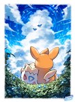 ambiguous_gender blue_flower cloud duo_focus field flower flying group leaning_on_another nature orange_body outside plant rear_view silhouetted_body sky tan_body naoki_akamine nintendo pokemon background_character generation_2_pokemon generation_4_pokemon generation_9_pokemon pawmi pokemon_(species) togekiss togepi digital_drawing_(artwork) digital_media_(artwork) hi_res signature