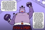 anthro bodily_fluids boxing_gloves clothed clothing handwear humor machine male musclegut muscular nipples open_mouth purple_eyes sweat text tl;dr topless hunter-husky five_nights_at_freddy's scottgames mr._hippo_(fnaf) animatronic common_hippopotamus hippopotamid mammal robot english_text hi_res