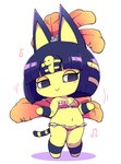 :> anthro blue_hair blush blush_stickers bob_cut crown dancing female festivale fur hair headgear markings musical_note musical_symbol navel short_hair simple_background smile solo standing striped_markings striped_tail stripes symbol tail tail_markings uraeus white_background yellow_body yellow_fur nollety animal_crossing nintendo ankha_(animal_crossing) domestic_cat felid feline felis mammal