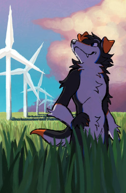 anthro arm_tuft cloud countershade_fur countershading day detailed_background dipstick_tail elbow_tuft floppy_ears fur grass hand_on_hip male markings multicolored_body multicolored_fur orange_ears orange_tail_tip outside plant shadow sky snaggle_tooth solo standing tail tail_markings tuft white_body white_countershading white_fur wind_turbine twistcmyk canid canine canis domestic_dog mammal 2025 digital_media_(artwork) hi_res