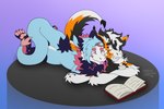 anthro bardou_(nodraconian) blep blue_body blue_fur book cheek_tuft cuddling duo facial_tuft fangs female fur intersex intersex/male male male/female multicolored_body multicolored_fur orange_body orange_fur reading smile tail tail_tuft teeth tongue tongue_out tuft nodraconian mythology jear_(jear3073) dragon furred_dragon furred_scalie mythological_creature mythological_scalie novabeast scalie absurd_res hi_res