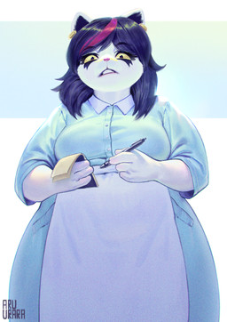 4_fingers annoyed anthro apron black_eyes black_hair blue_background breasts clothed clothing dress dual_holding ear_piercing ear_ring eyelashes female fingers frown fully_clothed fur hair highlights_(coloring) holding_note_pad holding_object holding_pen holding_writing_utensil jewelry kemono looking_at_viewer looking_down makeup mascara medium_breasts multicolored_hair note_pad notebook overweight overweight_anthro overweight_female paper pen piercing pink_highlights pink_nose purple_hair ring_piercing simple_background solo taking_order teeth two_tone_hair waiter waitress_uniform white_background white_body white_fur writing_utensil yellow_sclera aruurara deltarune undertale_(series) catti_cattenheimer felid mammal 2018 absurd_res chromatic_aberration digital_media_(artwork) digital_painting_(artwork) hi_res painting_(artwork) portrait signature three-quarter_portrait
