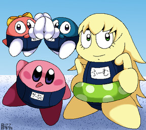 accessory beach blonde_hair blue_body blush blush_stickers bow_(feature) bow_ribbon centered_hair_bow clothed clothing crossdressing detailed_background female floating gloves green_eyes group hair hair_accessory hair_bow hair_ribbon hand_holding handwear happy long_hair male not_furry on_model one-piece_swimsuit open_mouth outside pink_body pose purple_eyes ribbons sand school_swimsuit smile swimwear text white_clothing white_gloves white_handwear yellow_body young young_female young_humanoid young_male buzzer_(artist) kirby:_right_back_at_ya! kirby_(series) nintendo kirby lalala lololo tiff_(kirby) alien humanoid waddling_head dated digital_media_(artwork) japanese_text low_res oekaki signature translated