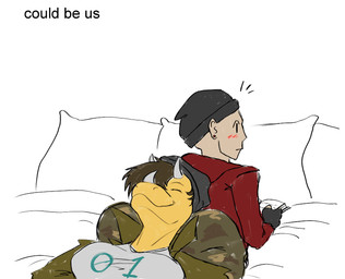 anthro beanie bed bedding big_butt blush bottomwear breasts brown_hair butt camo camo_bottomwear camo_clothing camo_pants camo_print clothed clothed_anthro clothed_female clothed_human clothed_male clothing duo eyes_closed facial_horn female furniture grey_beanie grey_clothing grey_hat grey_headwear grey_shirt grey_topwear hair hat head_on_butt headgear headwear hoodie horn human_on_anthro interspecies jacket male male/female non-mammal_breasts on_bed open_clothing open_jacket open_topwear pants pattern_bottomwear pattern_clothing pattern_pants pillow red_clothing red_hoodie red_topwear reference_image_at_source romantic romantic_couple shirt short_hair smile surprised text topwear wide_eyed yellow_body nekomuro hold_onto_mi mimi_(hold_onto_mi) newa_count_(hold_onto_mi) ceratopsian ceratopsid chasmosaurine dinosaur human mammal marginocephalian ornithischian prehistoric_species reptile scalie triceratops colored english_text hi_res meme