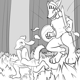 armor big_feet biped bottomless breasts clothed clothing digitigrade dress duo featureless_crotch feet female forest grin headgear helmet long_ears melee_weapon outside plant running shield shirt smile sword topwear tree wardrobe_malfunction weapon lagotrope lumei gnoll hyena kobold mammal reptile scalie 1:1 2011 digital_media_(artwork) monochrome pillarbox