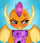 aer0_zer0 angry blue_eyes blush book dragon embarrassed fangs female friendship_is_magic frown hair hasbro heart_symbol my_little_pony mythological_creature mythological_scalie mythology orange_body orange_skin purple_hair scalie simple_background smolder_(mlp) solo teeth wings