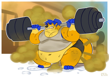 anthro athletic_wear belly bodily_fluids clothed clothing exercise fart fart_cloud gas holding_barbell holding_object male musclegut muscular navel obese overweight overweight_male solo sweat thick_thighs weightlifting workout anonymous_artist tigerthemeerkat herpestid mammal meerkat hi_res