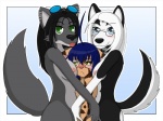 anthro belly black_body black_fur black_hair blue_eyes blue_hair blush border breast_envy breasts cheek_tuft collar countershading cute_fangs ear_piercing eyewear facial_tuft fangs female female/female fur glasses goggles green_eyes grey_belly grey_body grey_fur group hair hug long_hair mottled nipples piebald piercing size_difference small_breasts smile tail tan_body tan_fur teeth tongue tongue_out tuft white_belly white_body white_border white_fur white_hair wide_hips yellow_eyes kloe_(artist) kloe_kitty seff_(seff) calico_cat canid canine canis domestic_cat domestic_dog felid feline felis husky mammal nordic_sled_dog spitz wolf