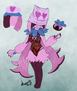 bag bdsm bodysuit bondage bound cloak clothing female headgear headwear leotard pink_body restraints rope rope_bondage rope_harness shibari_rope simple_background skinsuit solo standing tight_clothing blokfort nintendo pokemon felid feline generation_9_pokemon mammal meowscarada pokemon_(species) hi_res model_sheet