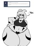 annoyed anthro ask_blog asriel_dreemurr_(god_form) big_breasts black_sclera boss_monster_(undertale) bovid breasts caprine cleavage clothed clothing crop_top crossgender dialogue ellipsis english_text expansion fangs female fur goat hair hair_over_eye heart_(marking) hip_expansion horn huge_breasts huge_hips huge_thighs hyper hyper_hips hyper_thighs long_ears mammal markings midriff mtf_crossgender navel one_eye_obstructed panties robertge shirt simple_background solo teeth text thick_thighs thigh_expansion topwear undertale undertale_(series) underwear white_background white_body white_eyes white_fur wide_hips