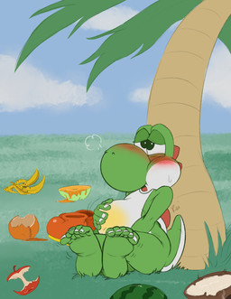 5_fingers 5_toes ambiguous_anthro ambiguous_gender anthro apple apple_core banana banana_peel belly big_belly bladder_bulge blush bodily_fluids boots cantaloupe clitellum clothing cloud coconut crossed_legs discarded_footwear drupe_(fruit) feet fingernails fingers food footwear fruit genital_fluids glass green_eyes head_ridge holding_belly holding_crotch humanoid_feet humanoid_hands leaf melon nails narrowed_eyes omorashi open_mouth orange_(fruit) palm_tree plant plantigrade shaking shoes sweat tail toenails toes tree trembling urine watermelon white_body bibarel_rei mario_bros nintendo green_yoshi yoshi absurd_res hi_res