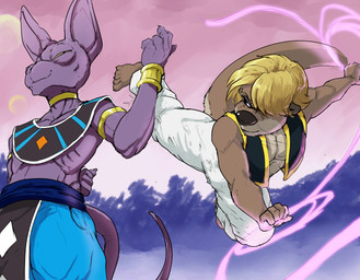 anthro blocking_kick blonde_hair bottomwear brown_body brown_fur clothed clothed_male clothing duo fight fur hair kick male male/male muscular otter_tail outside purple_body smile tail pandottermon dragon_ball dragon_ball_super beerus parker_(pandottermon) mammal mustelid otter colored hi_res