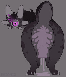 1_eye 6_ears ambiguous_gender anal_fluids anus anus_focus big_anus big_eyes black_mane black_sclera black_scutes bodily_fluids butt butt_focus cloven_hooves countershade_tail countershade_torso countershading dewclaw_hooves excessive_anal_juice feral grey_background grey_body grey_countershading hooves huge_anus hyper hyper_anus leg_markings lidded_eyes looking_at_viewer looking_back looking_back_at_viewer mane markings mottled mottled_body mouthless multi_ear multicolored_mane null overweight overweight_ambiguous overweight_feral pink_eyes pink_mane puffy_anus purple_body purple_markings quadruped rear_view scutes short_tail simple_background socks_(marking) solo standing tail text thick_neck thick_tail toony two_tone_mane unguligrade unusual_ears wide_crotch emionix minmu 2026 absurd_res artist_name digital_drawing_(artwork) digital_media_(artwork) flat_colors gimp_(artwork) hi_res