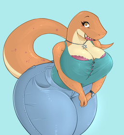 2_fingers anthro big_breasts black_eyebrows blue_background blue_bottomwear blue_clothing blue_pants bottomwear bra breasts button_(fastener) clock clothed clothed_anthro clothed_female clothing eyebrows eyelashes female female_anthro fingers fully_clothed fully_clothed_anthro fully_clothed_female hands_together huge_thighs jewelry leaning leaning_forward light long_tail markings multicolored_tail necklace non-mammal_breasts open_mouth open_smile orange_eyes orange_tail pants pink_bra pink_clothing pink_markings pink_underwear pockets pupils scale_markings scales sharp_teeth shirt simple_background slit_pupils smile solo standing tail tail_markings tan_body tan_scales tan_tail tank_top teal_clothing teal_shirt teal_tank_top teal_topwear teeth thick_thighs topwear underwear watch wristwatch fimif sue_(fimif) dinosaur prehistoric_species reptile scalie theropod tyrannosaurid tyrannosauroid tyrannosaurus tyrannosaurus_rex 2019 colored digital_drawing_(artwork) digital_media_(artwork) english_description hi_res lighting portrait shaded three-quarter_portrait