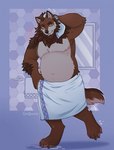 after_shower anthro bathroom belly big_belly drying fluffy male overweight overweight_anthro overweight_male shower simple_background slightly_chubby smile solo towel towel_around_waist tuft wet wet_body spottymichi canid canine canis mammal wolf digital_media_(artwork) hi_res