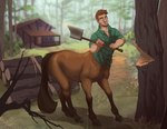 axe black_tail building cabin clothed clothing detailed_background dirt forest furgonomics grass green_clothing green_shirt green_topwear hooves house log lumberjack male melee_weapon plant rope shirt solo tail topwear tree weapon wood thestory european_mythology greek_mythology mythology thaddeus_slater centaur equid equid_taur humanoid humanoid_taur mammal mammal_taur taur absurd_res hi_res