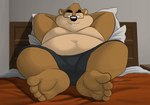 4_toes anthro barefoot bed braces brown_body buckteeth eyewear feet furniture glasses inside lying lying_on_bed male on_bed overweight overweight_anthro overweight_male paws soles solo teeth toes dj-rodney francis_(dj-rodney) gopher mammal rodent