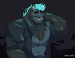 anthro barazoku black_eyebrows blue_fire blue_hair clothing colored_fire eyebrows fire flaming_hair fur grin hair jacket male male_anthro muscular muscular_anthro muscular_male pseudo_hair smile solo teal_body teal_clothing teal_fur teal_jacket teal_topwear teeth topwear melaisen bernard_(melaisen) demon felid feline mammal pantherine 2021 absurd_res artist_name digital_drawing_(artwork) digital_media_(artwork) half-length_portrait hi_res portrait